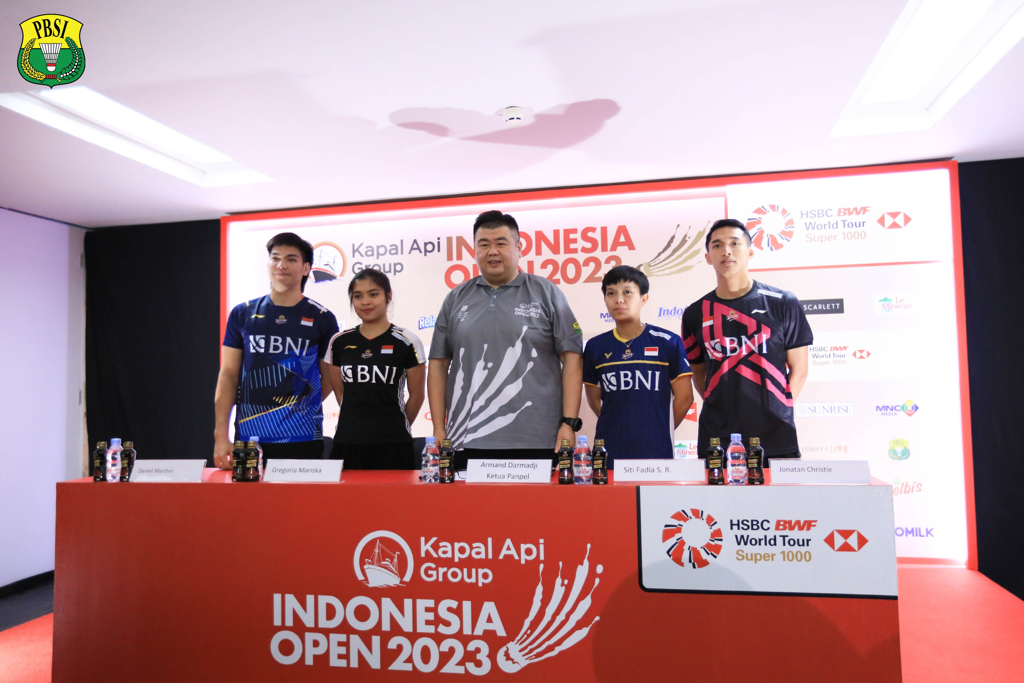Konferensi pers Kapal Api Group Indonesia Open 2023 di Istora GBK, Senayan, Jakarta, Senin (12/6).