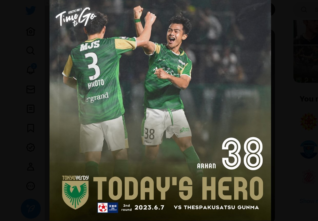Pratama Arhan disebut sebagai pahlawan kemenangan Tokyo Verdy di laga Piala Kaisar.