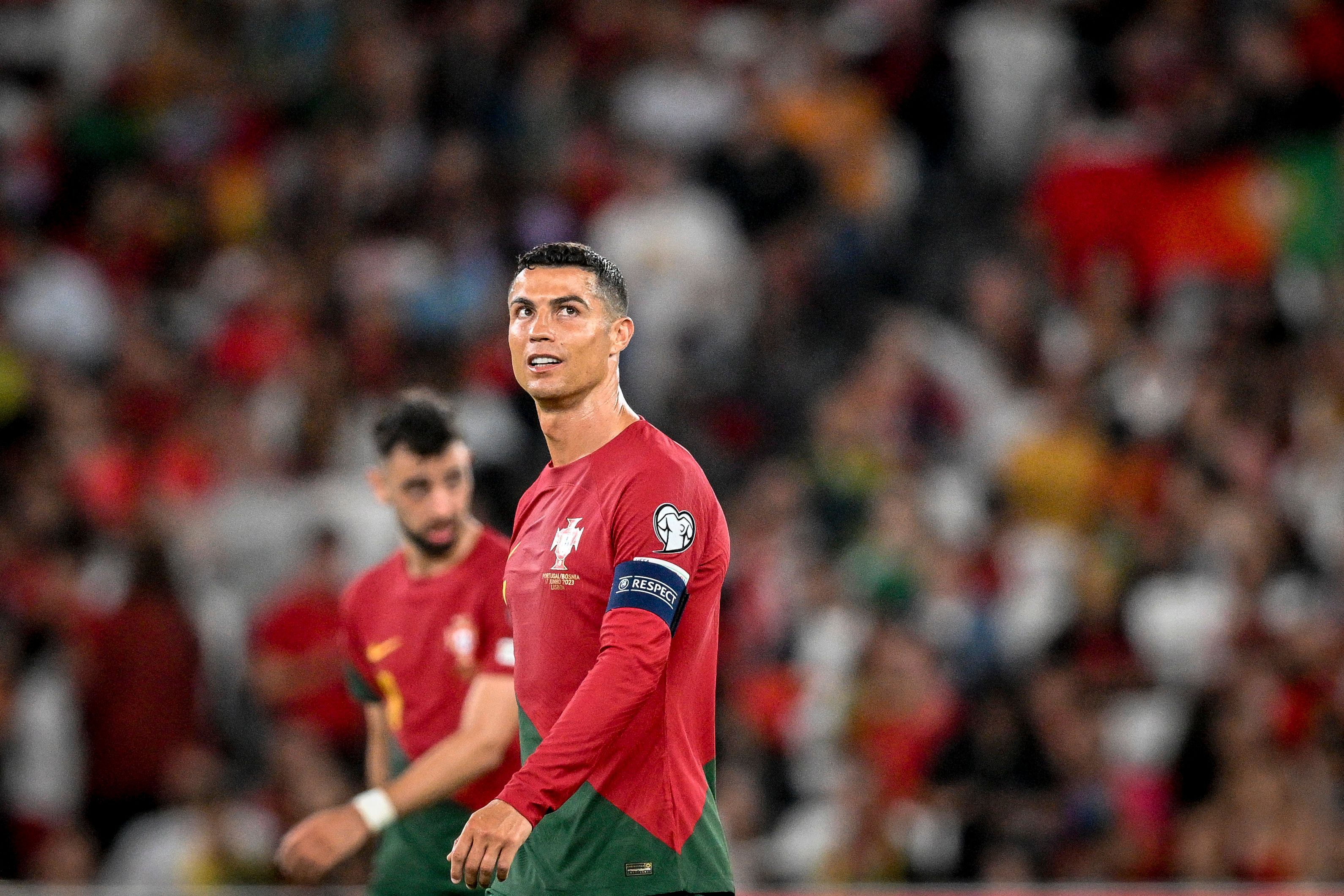 Cristiano Ronaldo saat laga Portugal vs Bosnia-Herzegovina, Sabtu (17/6), pada laga lanjutan Grup J kualifikasi Euro 2024. 