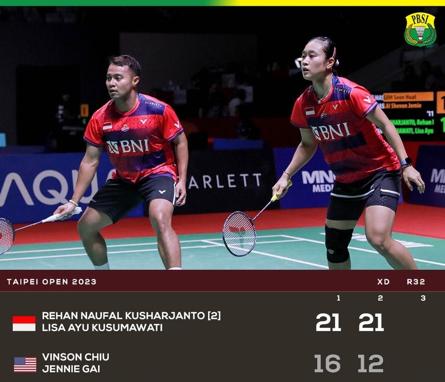 Ganda campuran Rehan/Lisa maju ke babak 16 besar Taipei Terbuka 2023.