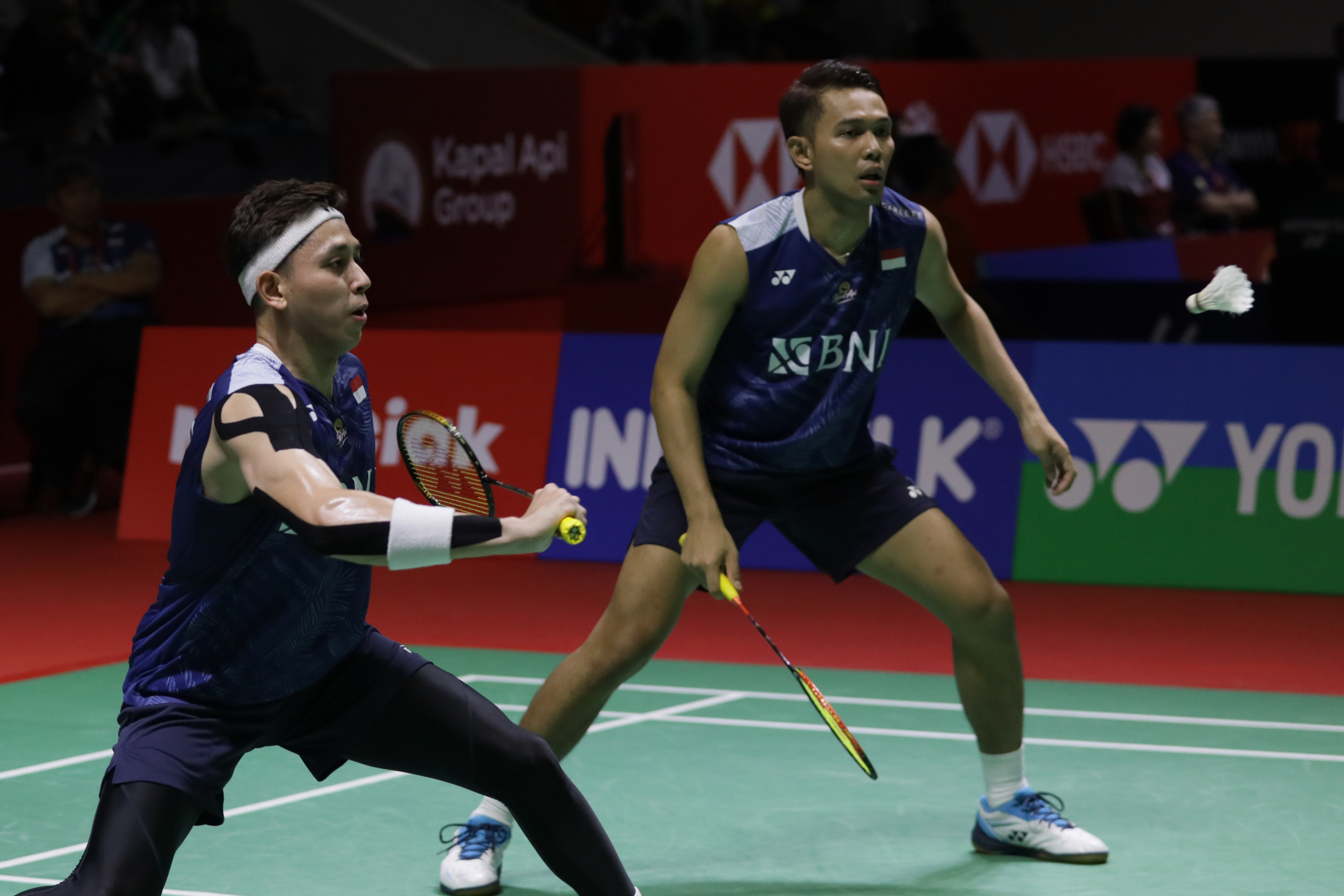 Ganda putra Indonesia Fajar Alfian/Muhammad Rian Ardianto saat berlaga di perempat final Indonesia Terbuka 2023