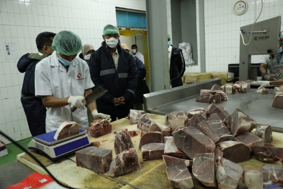 Proses penyiapan stok daging beku di cold storage Perumda Dharma Jaya.