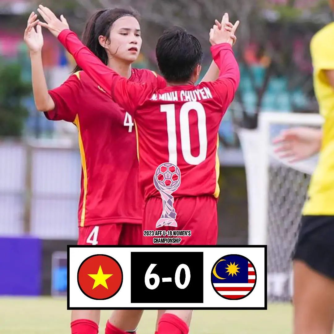 Selebrasi Timnas Vietnam yang lolos ke babak semifinal Piala AFF U-19 Putri 2023 setelah mengalahkan Malaysia 6-0. 