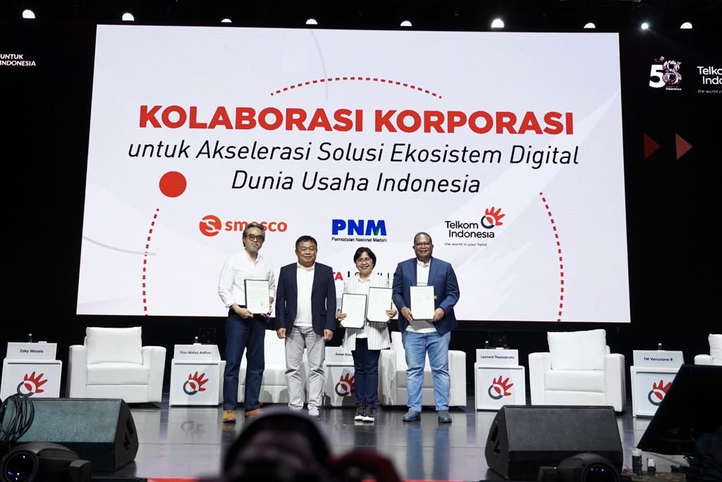 Acara peresmian kerjasama antara PNM dan Telkom Indonesia untuk meningkatkan digitalisasi para pelaku usaha mikro dan ultra mikro.