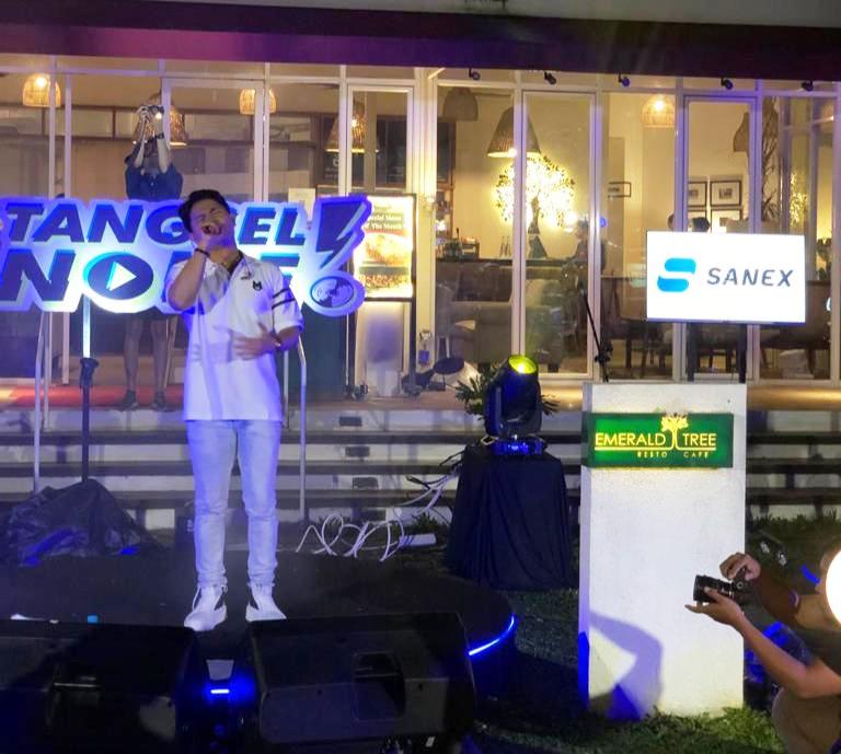 Aksi panggung penyanyi Cakra Khan yang menghibur para pengunjung Tangsel Noise di di Emerlad Tree Bintaro, Tangerang Selatan, Jumat (7/7).