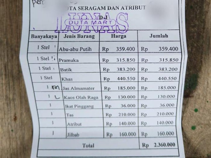 Rincian harga paket seragam yang dijual SMAN 1 Kedungwaru, Tulungagung, Jatim.
