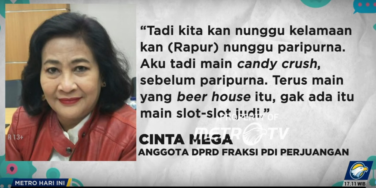 Anggota DPRD DKI Fraksi PDIP Cinta Mega dipecat akibat main judi slot saat Paripurna.