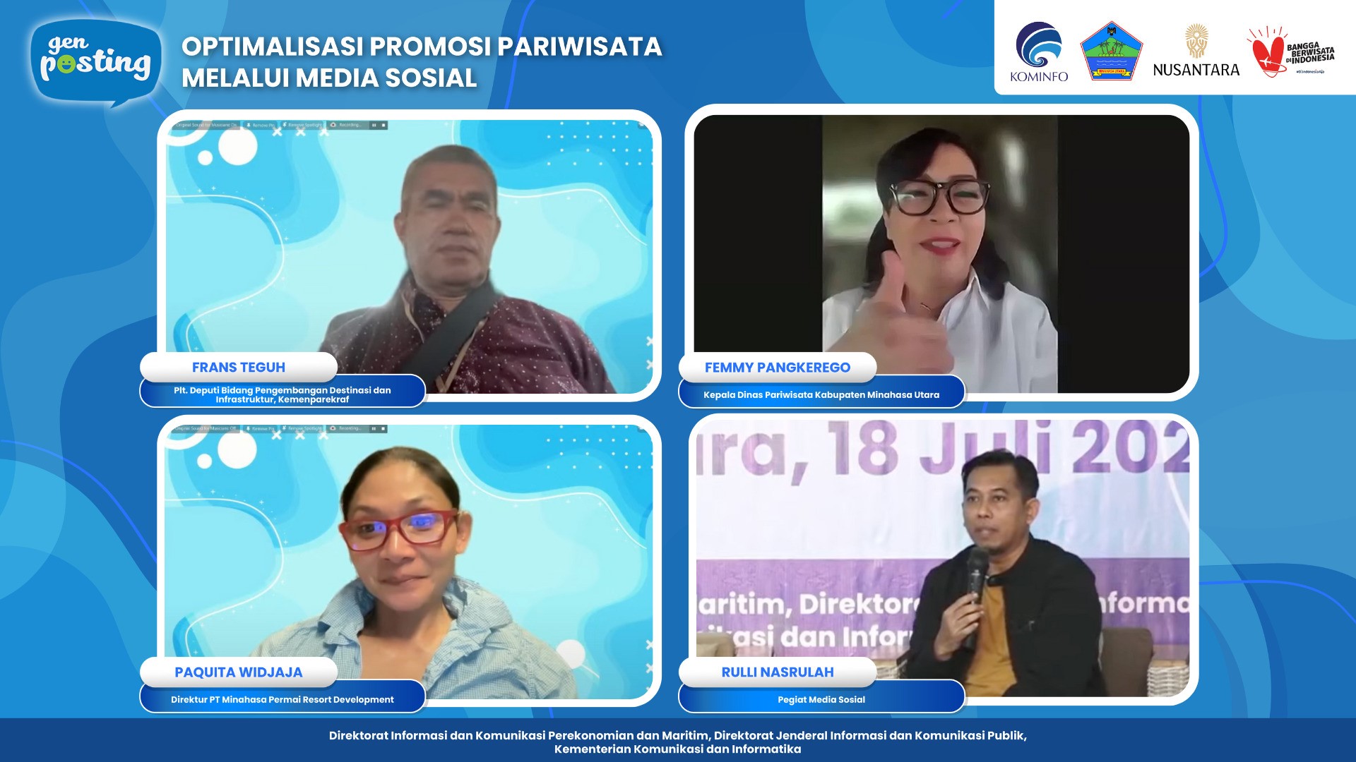 Para Narasumber pada seminar GenPosting dengan tema “Optimalisasi Promosi Pariwisata Melalui Media Sosial” (18/7).