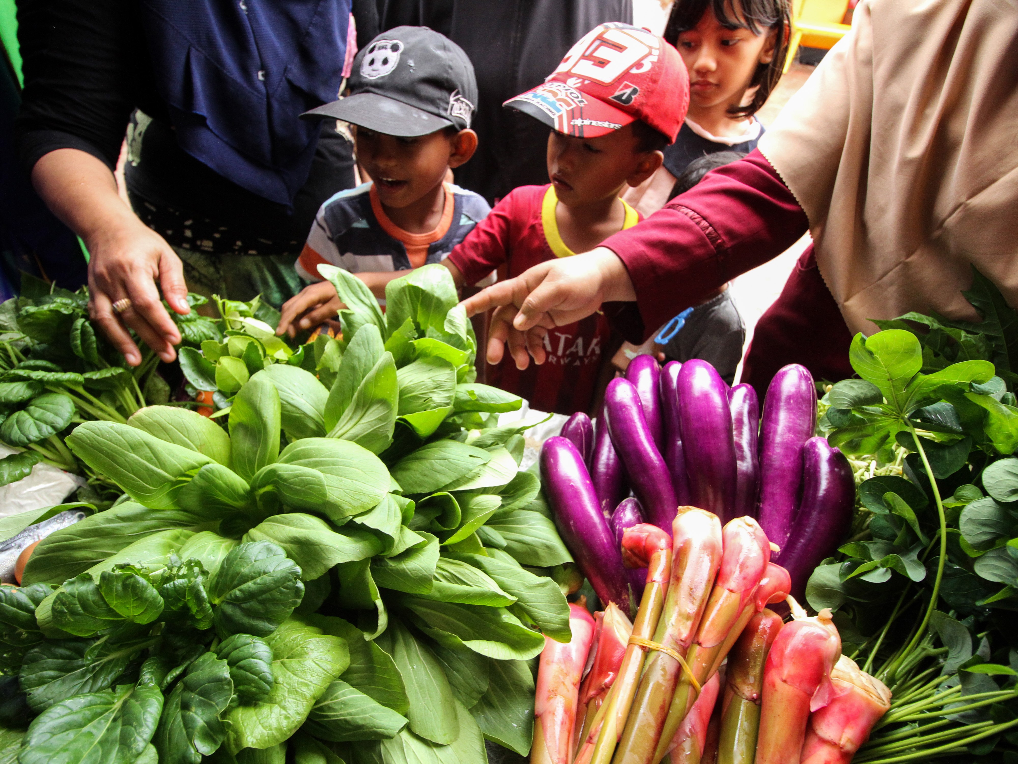 Tenaga pelaksana gizi desa mengenalkan jenis sayuran dan buah kepada anak saat peluncuran rumah gizi desa, Desa Blang Panyang, Aceh.