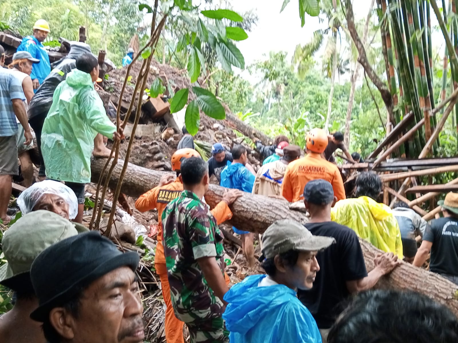 Tim SAR gabungan melakukan penanganan dan evakuasi korban meninggal akibat tanah longsor di Desa Tribuana, Bali.