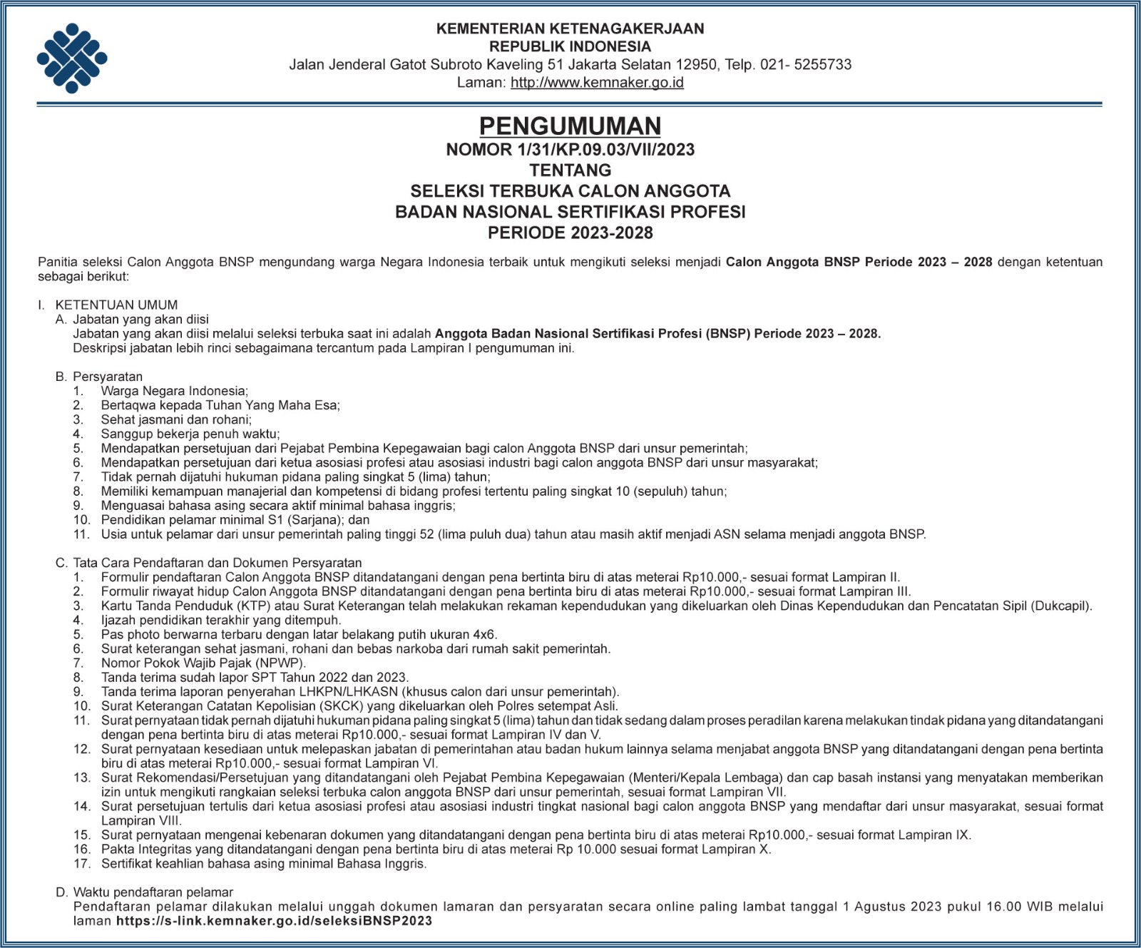 Seleksi Terbuka Calon Anggota Badan Nasional Sertifikasi Profesi Periode 2023-2028