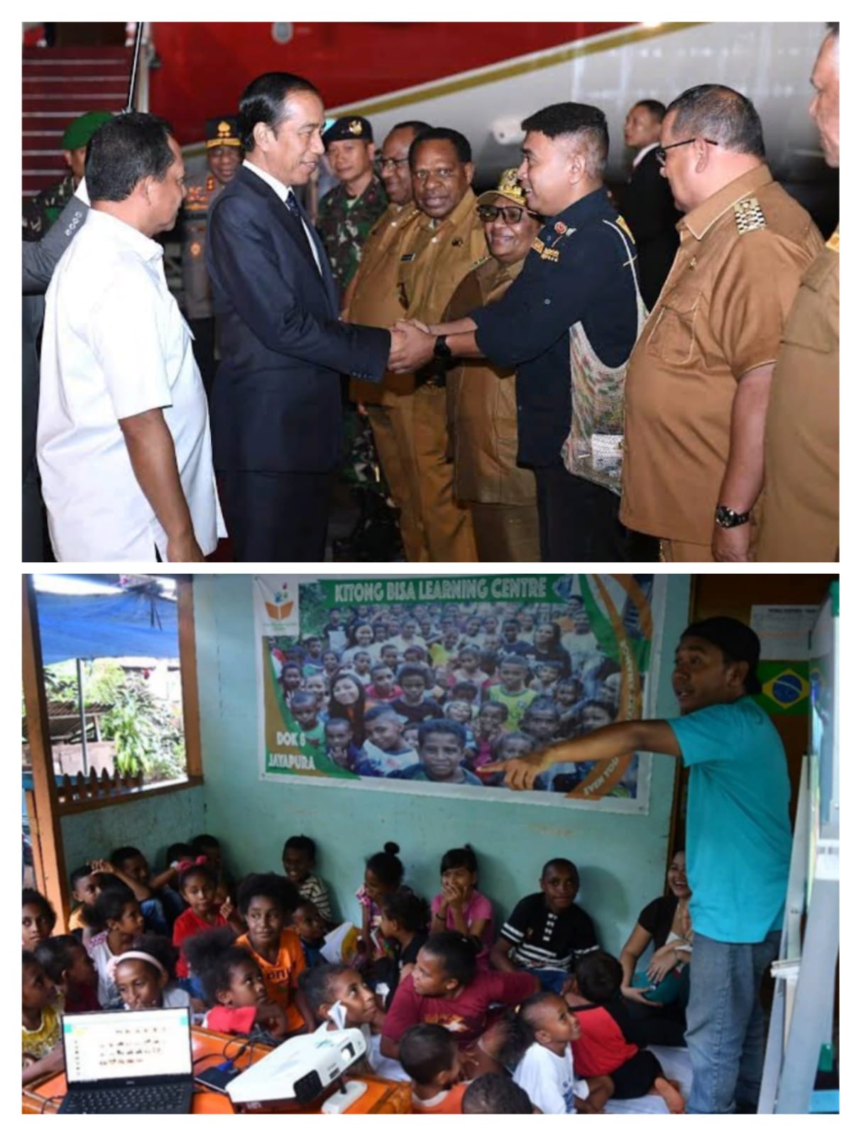 1. Presiden Joko Widodo dan Staf Khusus Billy Mambrasar.  2. Pelaksanaan pembelajaran di Papua 
