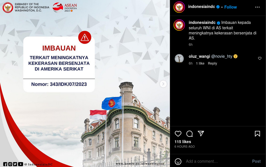 Imbauan KBRI Washington DC pada WNI di AS karena meningkatnya kasus penembakan massal.