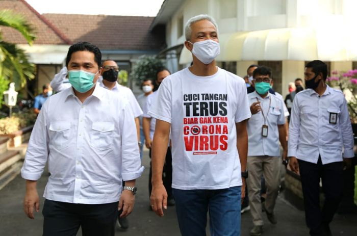 Menteri BUMN Erick Thohir dan Gubernur Jawa Tengah yang juga capres PDI Perjuangan, Ganjar Pranowo. 