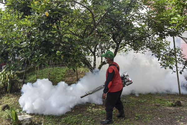Petugas melakukan fogging sebagai upaya mencegah demam berdarah yang meningkat di musim kemarau.