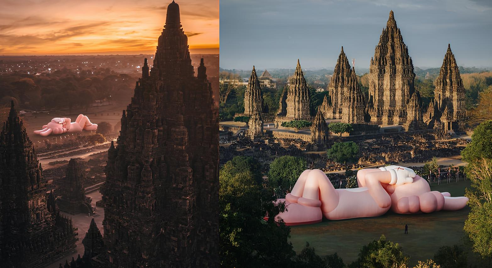 Patung Kaws:Holiday yang tengah hadir di Candi Prambanan, Yogyakarta.
