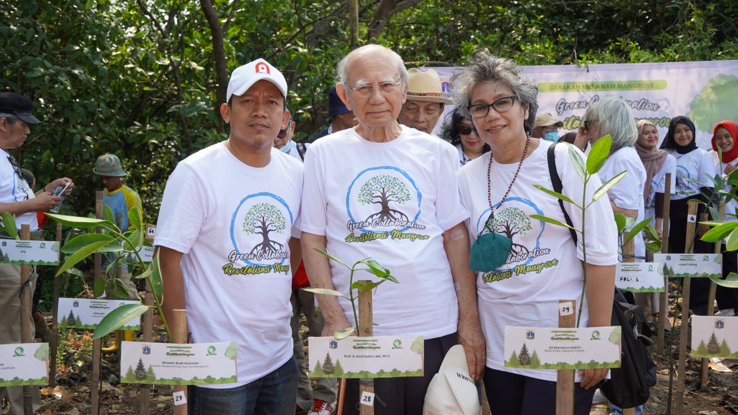 Prof. H. Emil Salim, MA, Ph.D turut terlibat dalam kegiatan menanam mangrove oleh Emil Salim Institute di pantai utara DKI Jakarta.