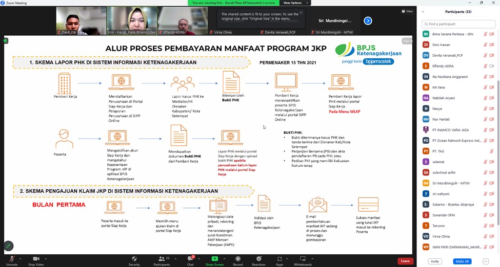 Kantor Cabang Plaza BPJamsostek melakukan sosialisasi melalui aplikasi zoom meeting yang diikuti karyawan perusahaan pada Kamis (10/8).