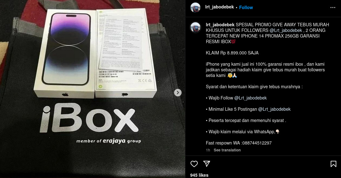 Akun Instagram LRT Jabodebek yang diretas dan melakukan penipuan bermodus giveaway.