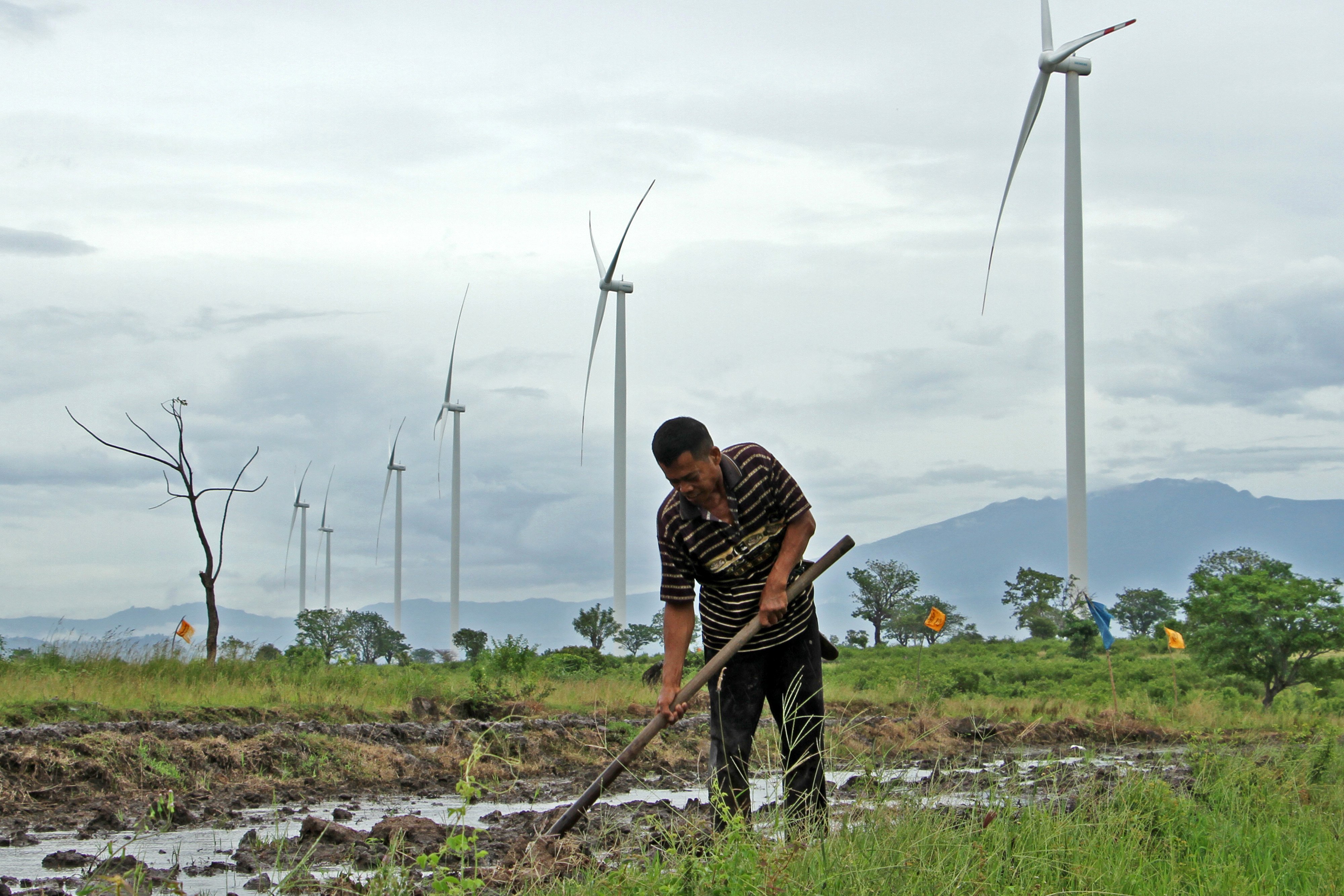 Petani menggarap sawahnya di sekitar lokasi Pembangkit Listrik Tenaga Bayu (PLTB) Tolo, Kabupaten Jeneponto.