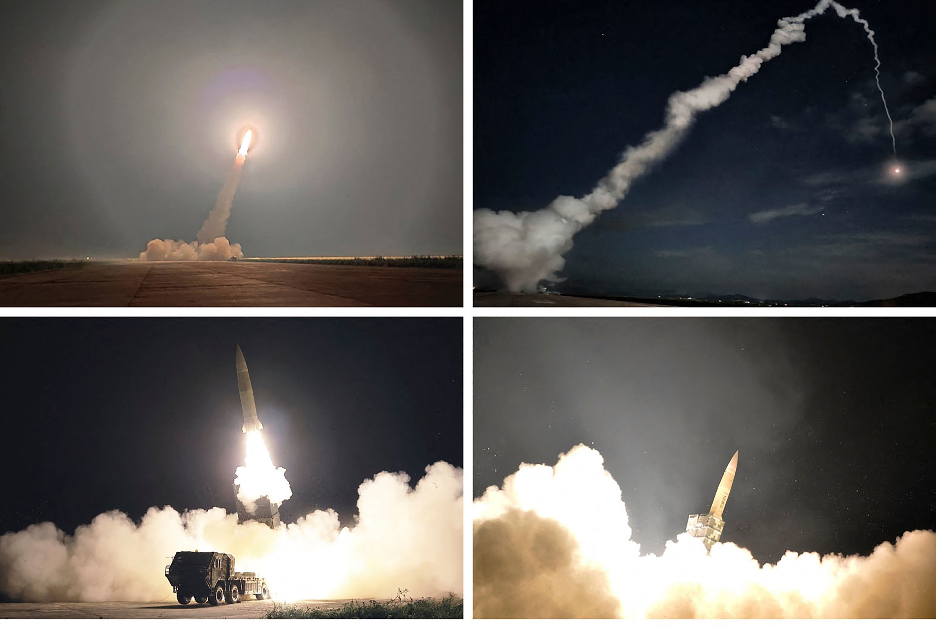 Kombinasi foto yang dirilis KCNA terkait kegiatan penembakan rudal oleh Korea Utara.