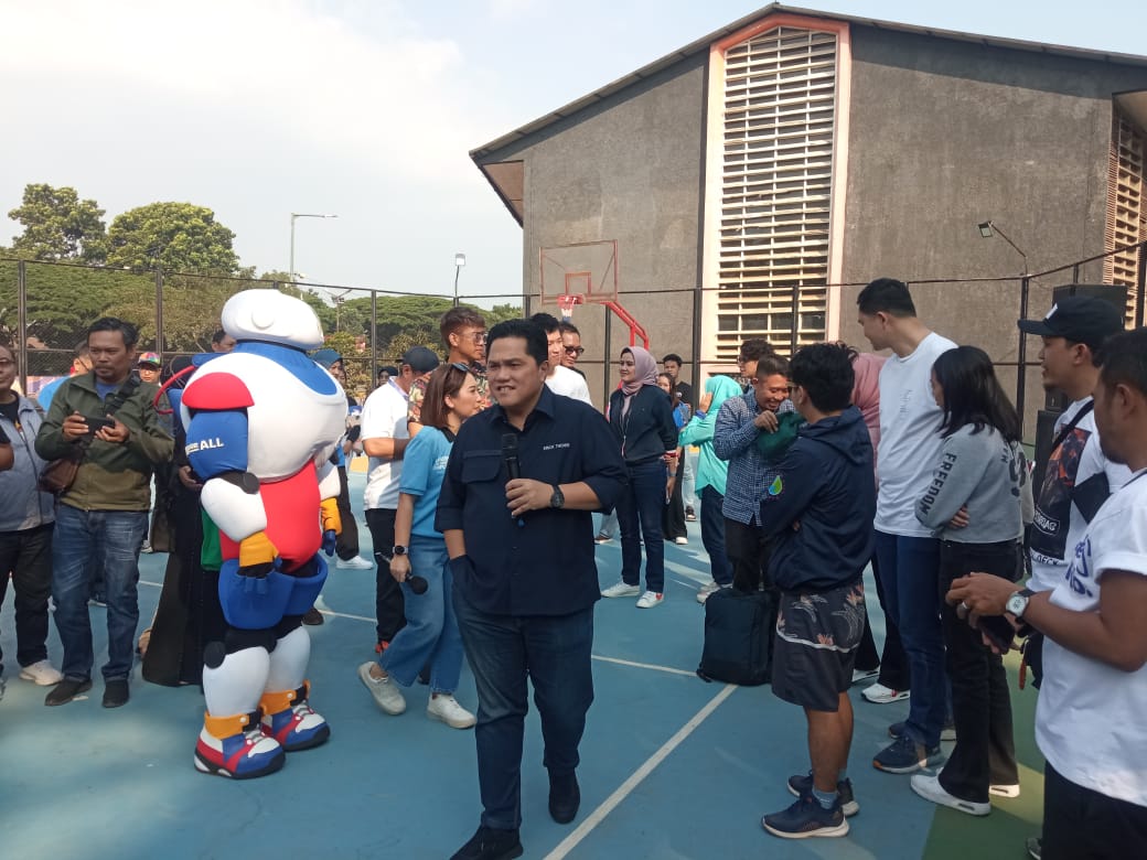 Erick Thohir mengikuti sosialisasi Piala Dunia FIBA 2023 di Bandung, Jawa Barat, Sabtu (19/8).