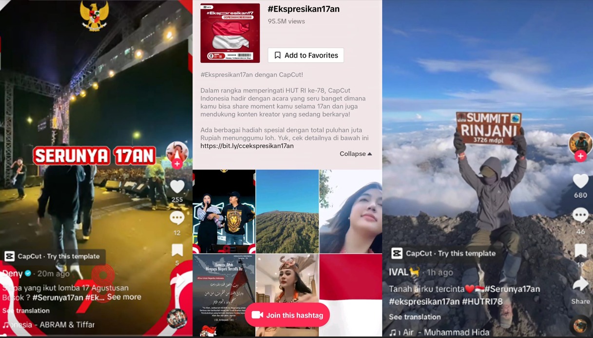 Tema #Ekspresikan17an dipilih agar masyarakat dapat berbagi momen HUT RI dengan mudah menggunakan template CapCut.