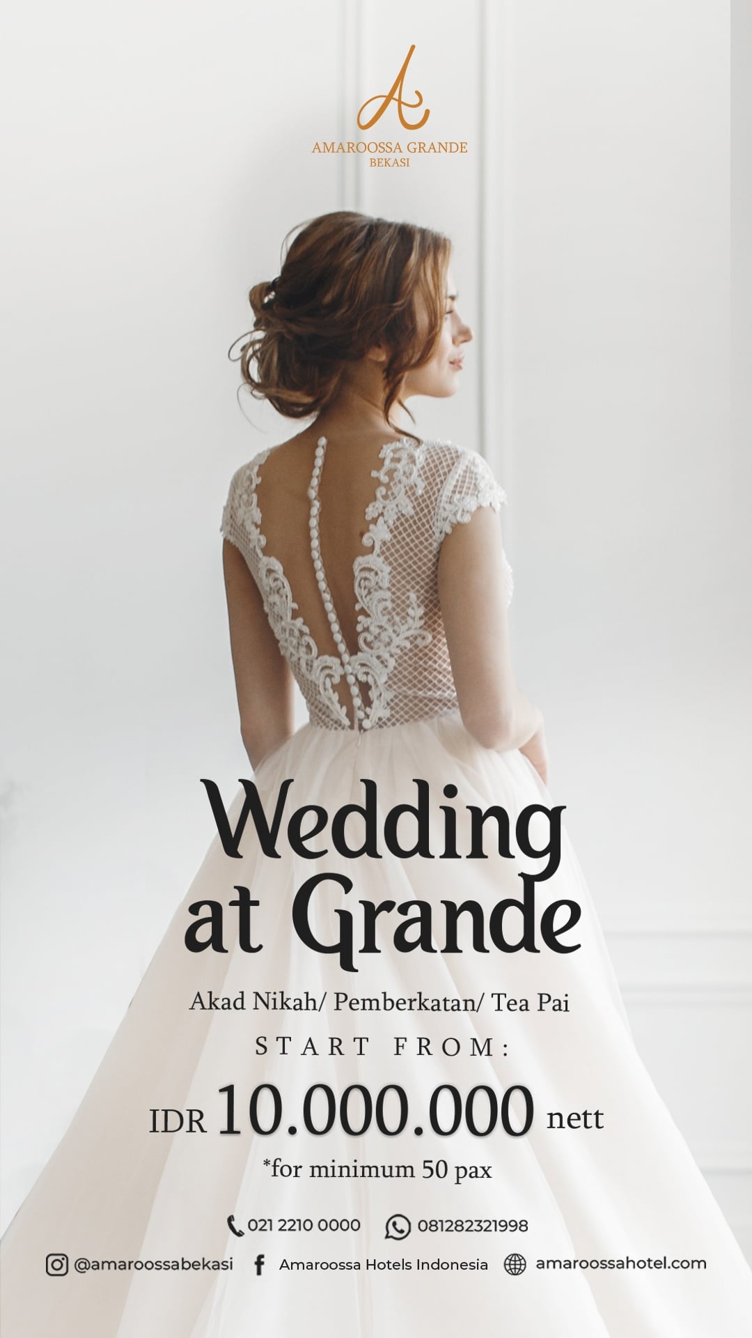 Anda dapat memulai dengan tarif harga Rp 10 juta di venue Hotel Amaroossa Grande Bekasi untuk 50 orang yang sudah termasuk buffet makanan,