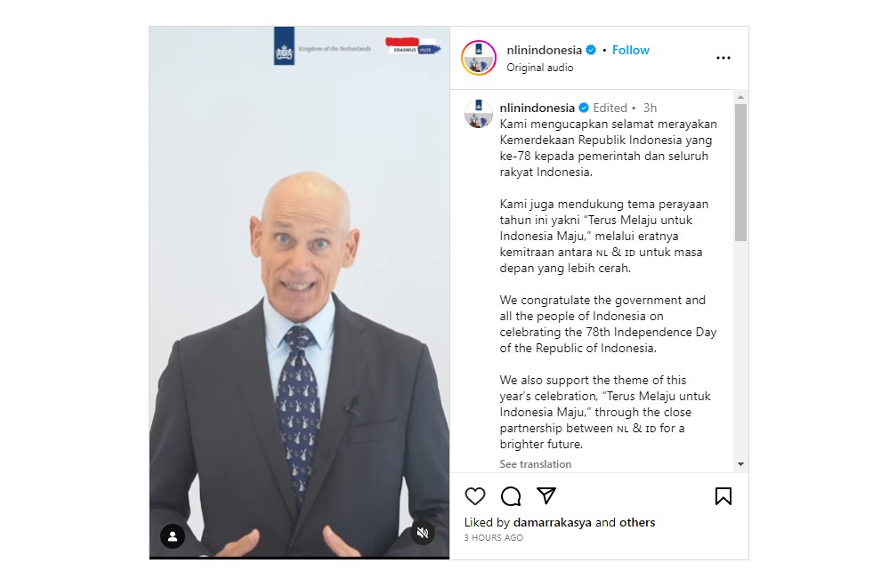 Duta Besar Belanda untuk Indonesia Lambert Grijns menyampaikan ucapan selamat HUT RI.