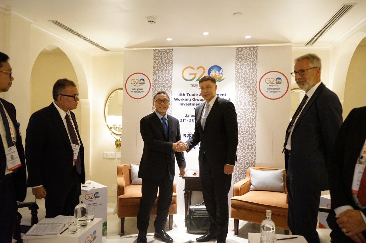 Mendag Zulhas saat pertemuan bilateral bersama UE di sela G20 Trade and Investment Ministers’ Meeting, di Jaipur, India, Kamis (24/8).