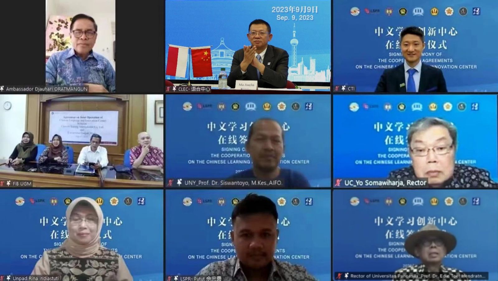 Penandatanganan kerja sama antara enam universitas di Indonesia dengan Pusat Bahasa Tiongkok secara daring, Sabtu (9/9).