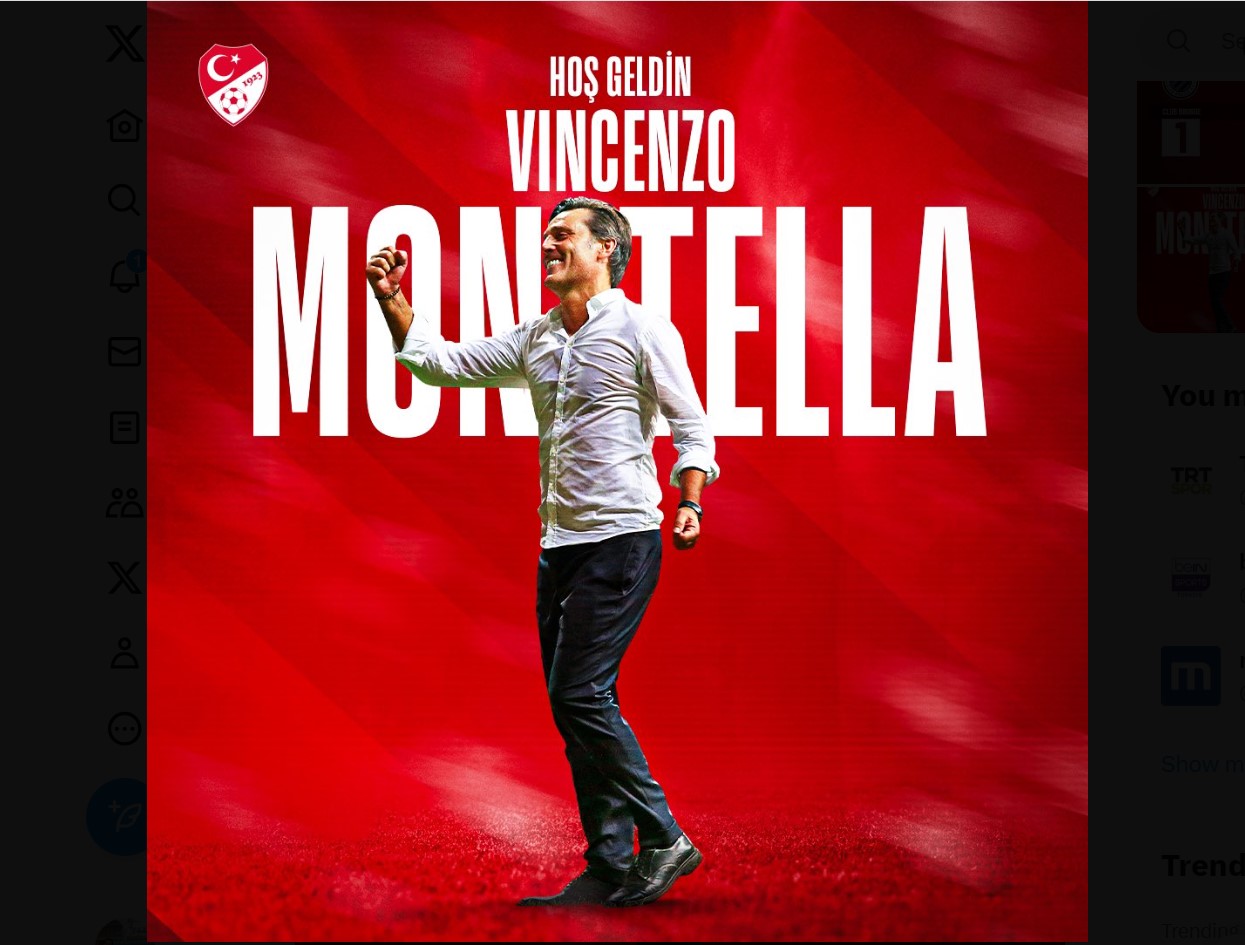 Ucapan selamat datang kepada pelatih timnas Turki Vincenzo Montella dari Federasi Sepak Bola Turki.