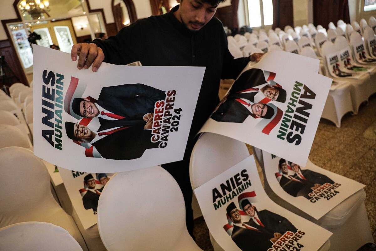 Atribut deklarasi calon presiden Anies Baswedan dan Muhaimin Iskandar di Hotel Yamato, Soerabaja atau Hotel Majapahit.