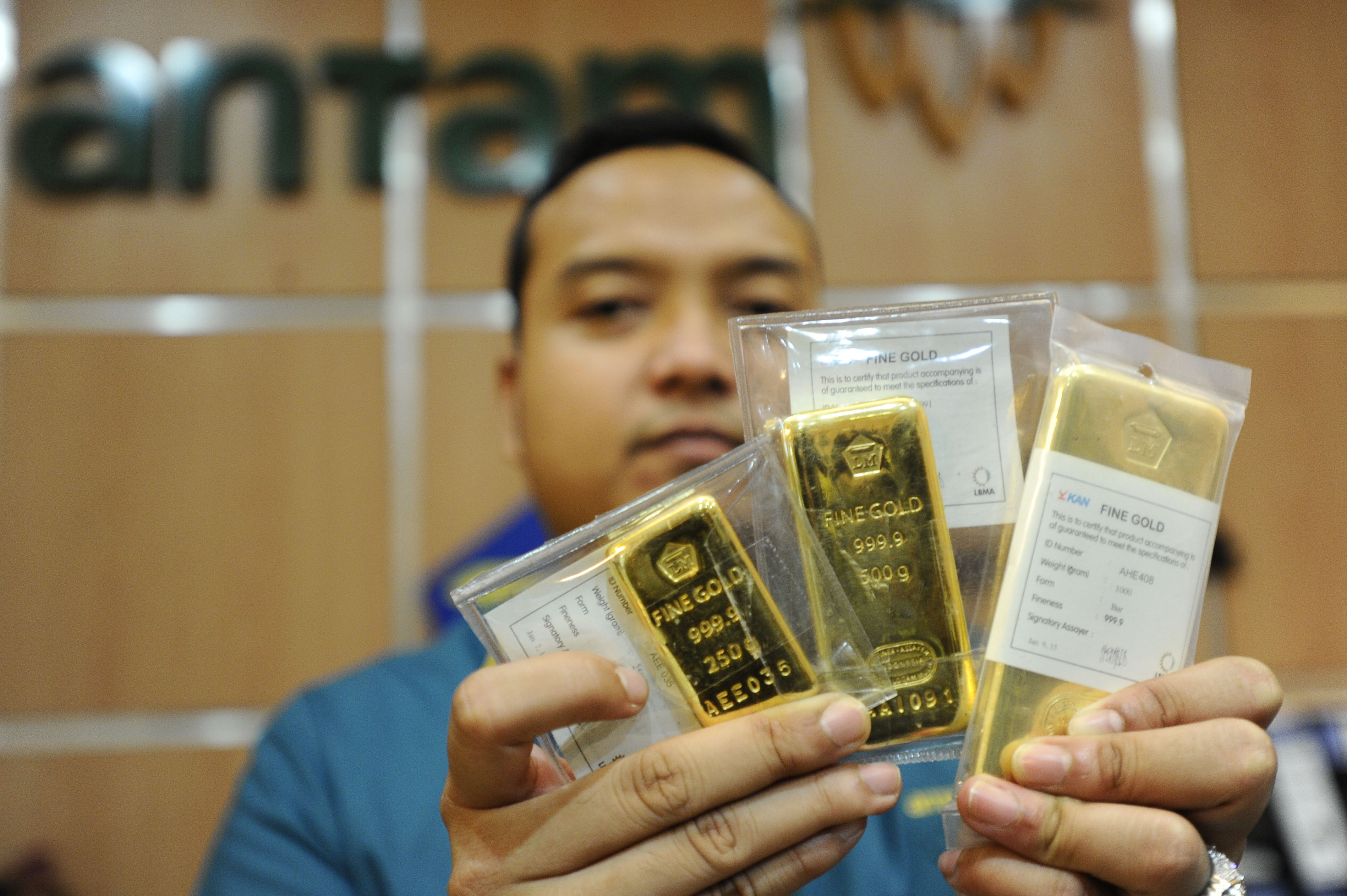 Seorang petugas memperlihatkan emas batangan produksi PT Antam di Jakarta, Senin (19/1/2015). 