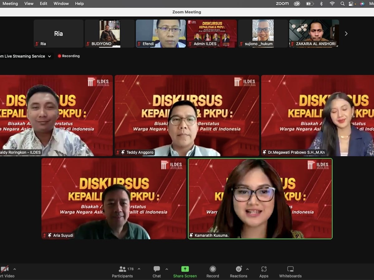 Webinar Diskursus Kepailitan dan PKPU yang diselenggarakan Indonesia Law and Democracy Studies (ILDES) di Jakarta, Senin (24/9/2023).