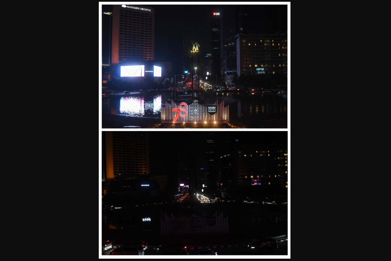 Foto kolase suasana kawasan Bundaran Hotel Indonesia saat sebelum (atas) dan sesudah (bawah) pemadaman lampu memperingati Hari Ozon.