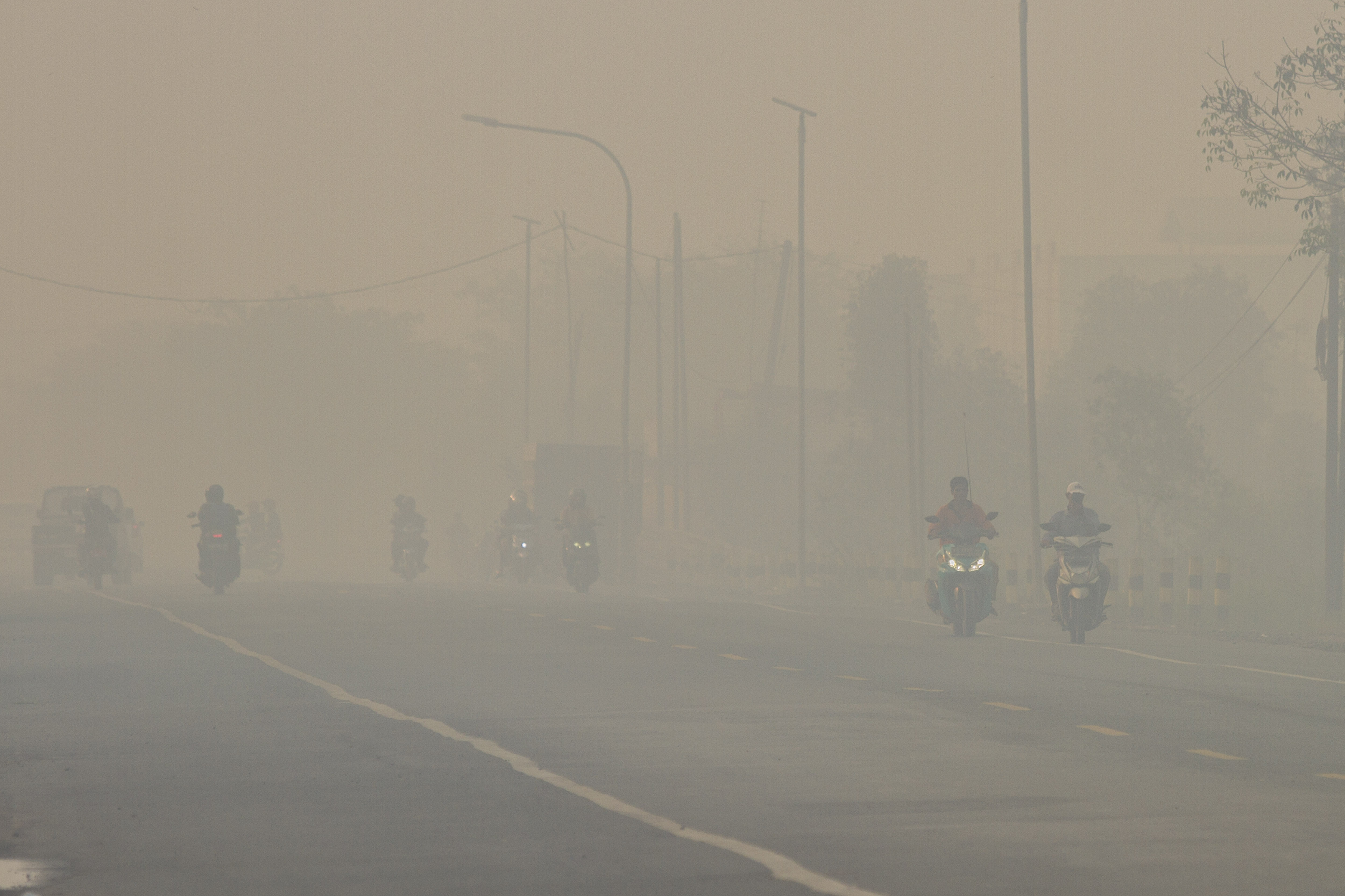 Pengendara motor melintas di jalan yang diselimuti kabut asap kebakaran lahan di Kecamatan Liang Anggang, Banjarbaru, Kalimantan Selatan.
