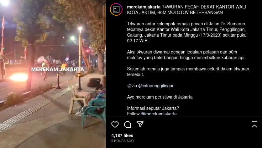 Tawuran dengan bom molotov di Cakung, Jakarta Timur.