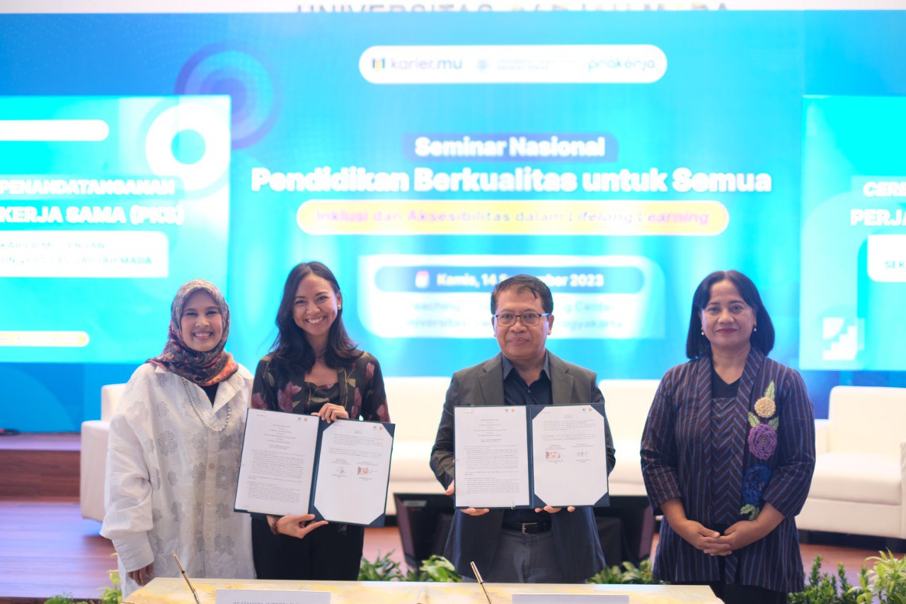 Karier.mu, Sekolah Vokasi UGM, dan Manajemen Pelaksana Program Kartu Prakerja menggelar seminar nasional bertemakan pendidikan berkualitas.