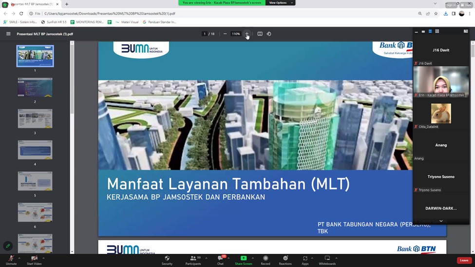 BPJS Ketenagakerjaan dan Bank BTN menggelar sosialisasi mengenai program MLT (Manfaat Layanan Tambahan) secara daring.