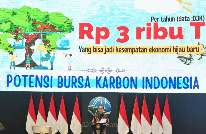 Presiden Joko Widodo berpidato saat peresmian bursa karbon Indonesia di Bursa Efek Indonesia, Jakarta, Selasa (26/9).