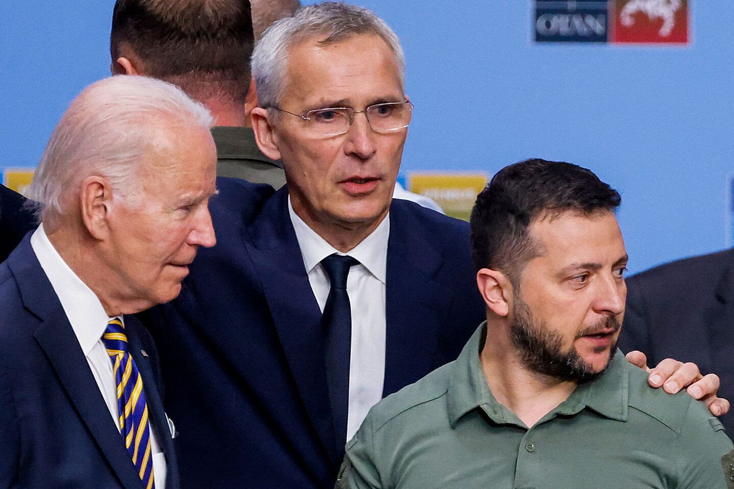 Presiden AS Joe Biden, Sekjen NATO Jens Stoltenberg, dan Presiden Ukraina Zelensky.