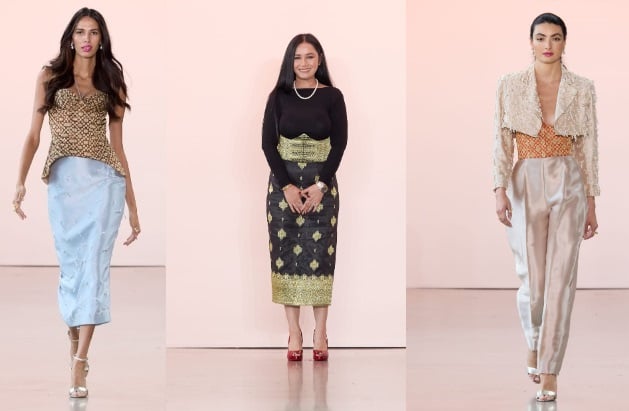 Desainer Marina Chirstyanti Ayumi (tengah) dengan koleksinya di label Ayumi di New York Fashion Week, Rabu (13/9). 