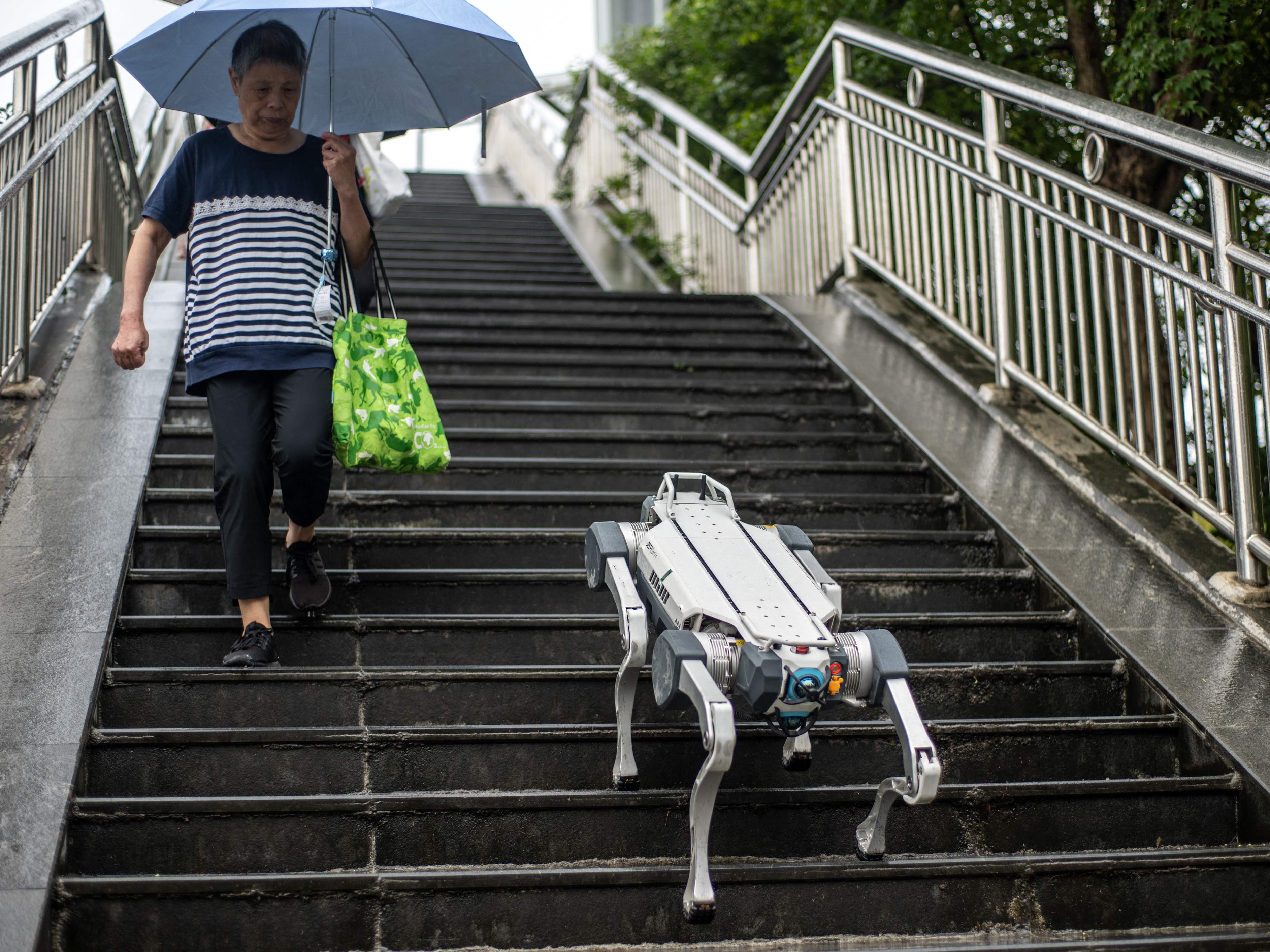 Demonstrasi anjing robot X30 DEEP Robotics berjalan menuruni tangga di jalur pejalan kaki.