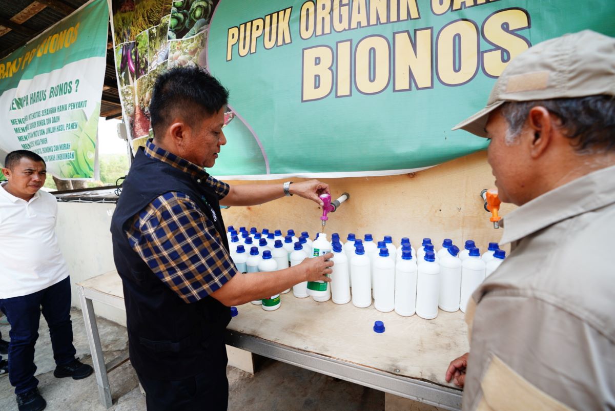 Bupati OKU Timur Lanosin mengecek pupuk Bionos yang dihasilkan dari sampah rumah tangga.
