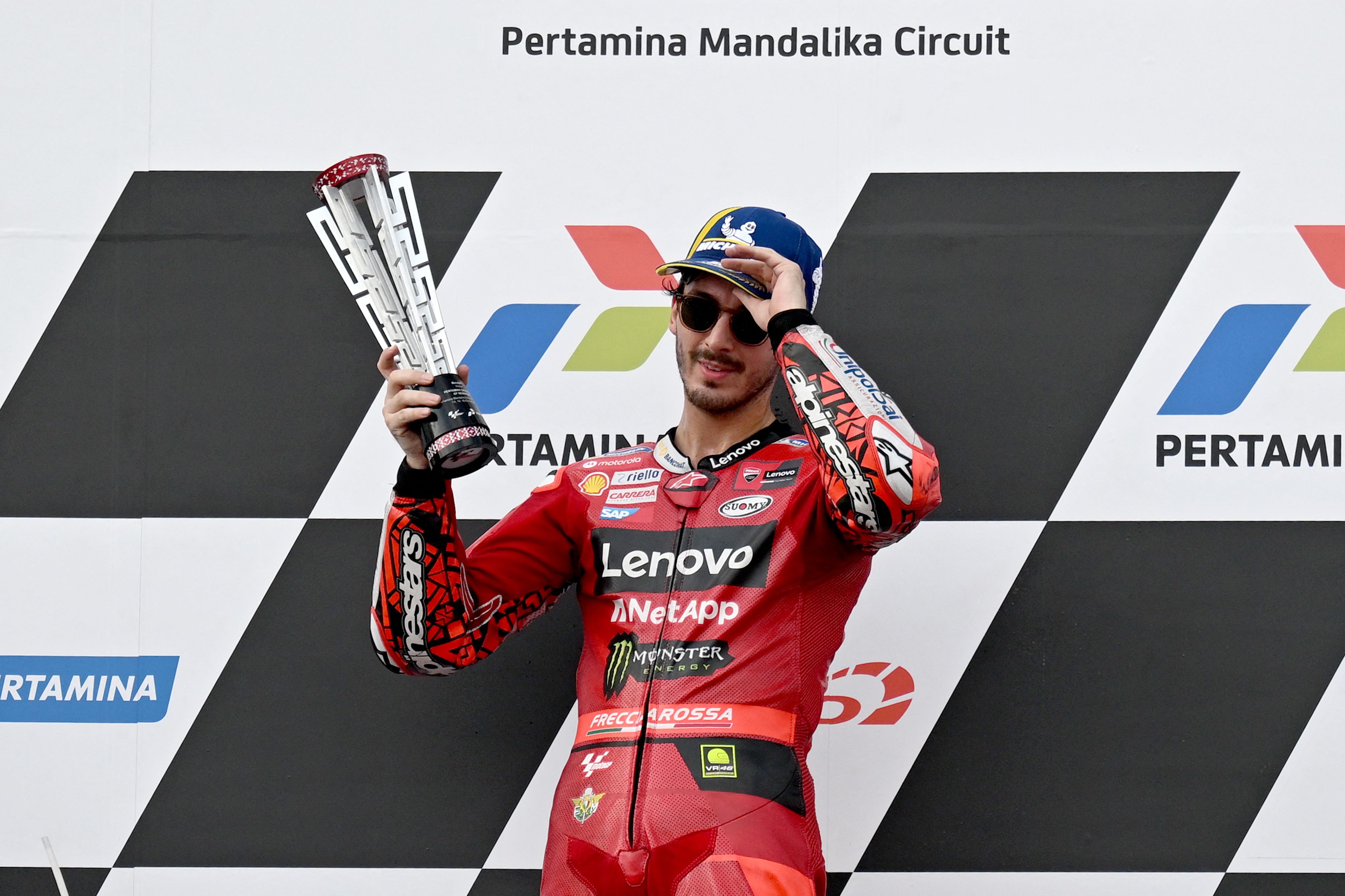 Pembalap Ducati Lenovo Francesco Bagnaia usai menjadi juara di GP Mandalika.