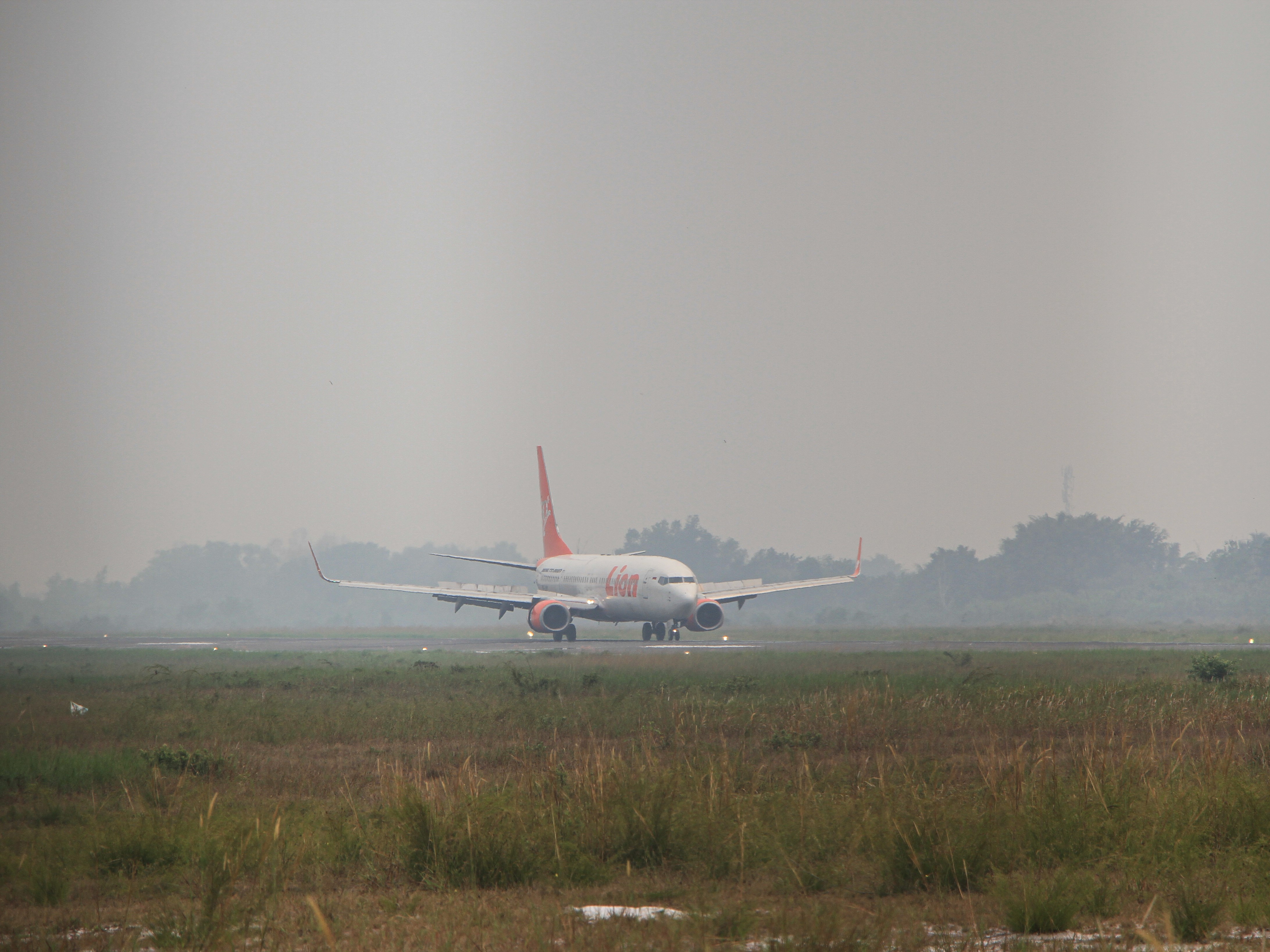 Pesawat komersial mendarat di Bandara Tjilik Riwut yang diselimuti asap di Palangka Raya, Kalimantan Tengah, Kamis (28/9/2023).