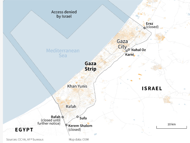 Peta kepadatan perkotaan di Jalur Gaza dan titik penyeberangannya, menurut OCHA.
