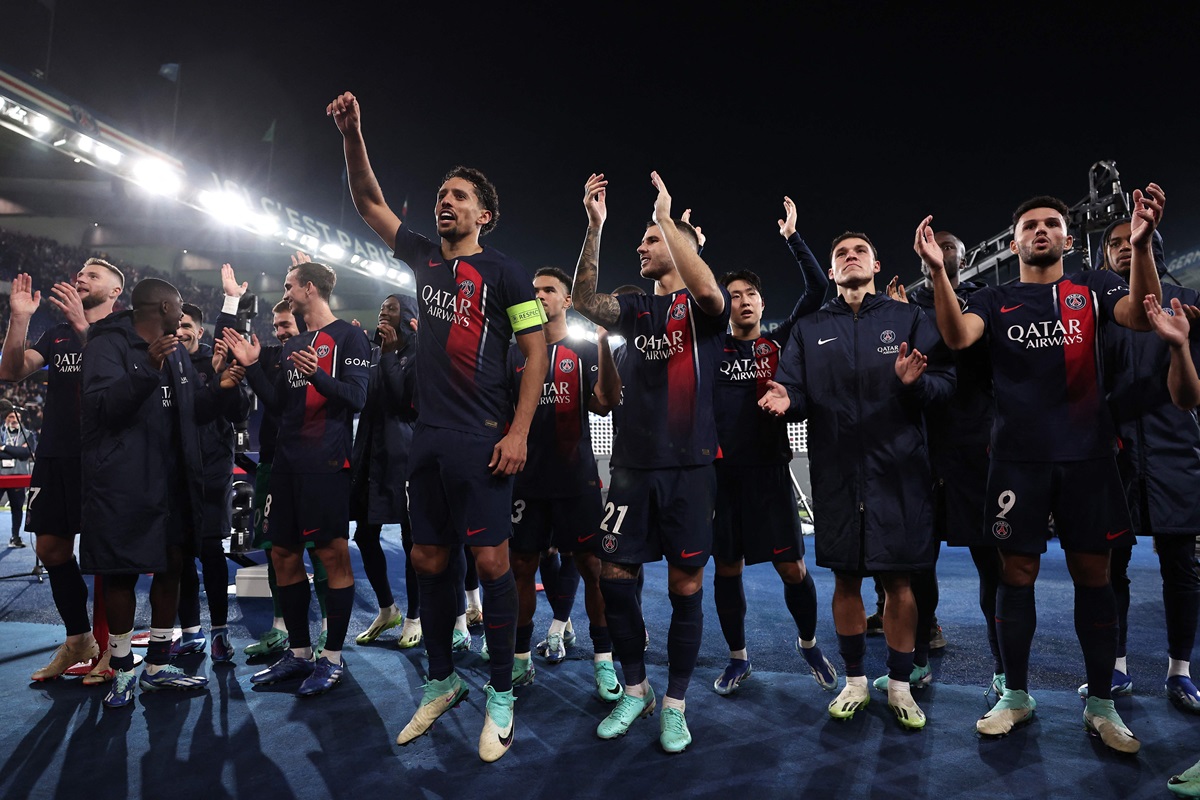 Para pemain PSG melakukan selebrasi usai mengalahkan AC Milan di laga Liga Champions.