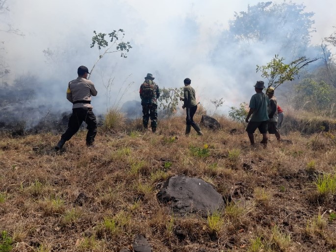 Hutan di lereng Gunung Agung Karangasem Bali terbakar.